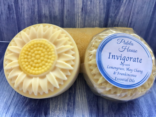 NEW! Invigorate round sunflower soap bar with Lemongrass, May Chang & Frankincense Essential Oils